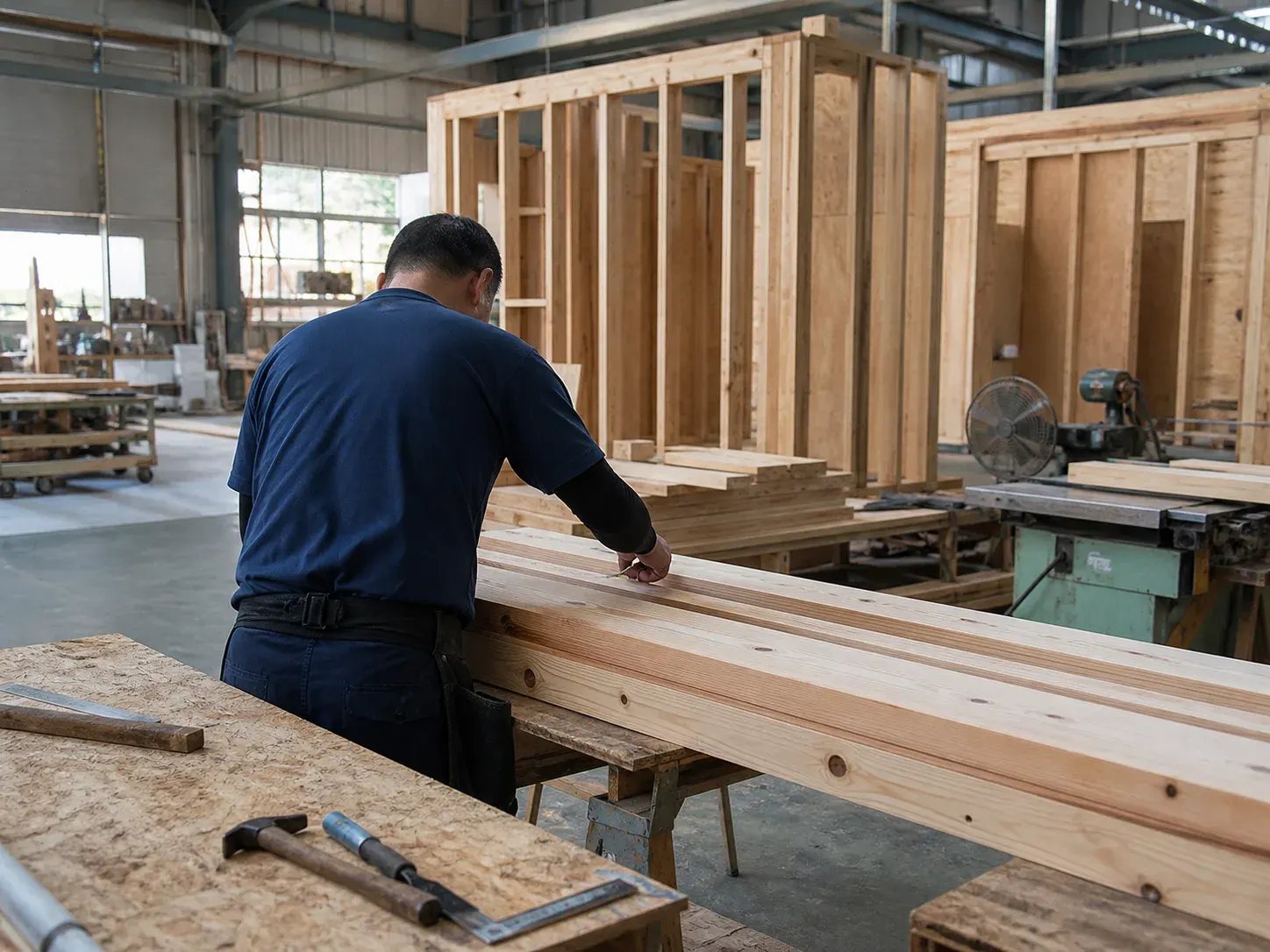 木構建築工廠內部,師傅處理木材與牆板,可見木料與加工機具
