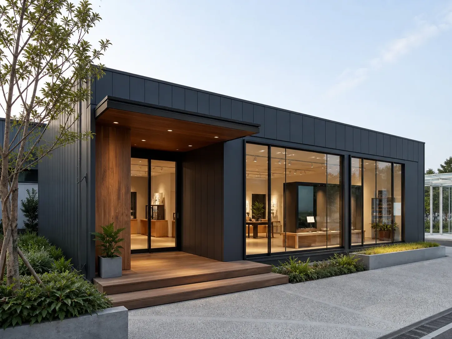 作為品牌接待與展示使用的模組化建築,櫥窗式大玻璃立面